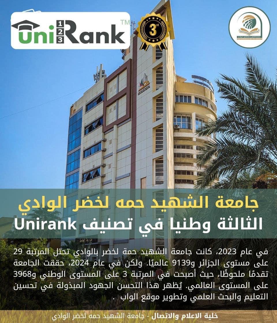 جامعة الشهيد حمه لخضر الوادي الثالثة وطنيا في تصنيف Unirank